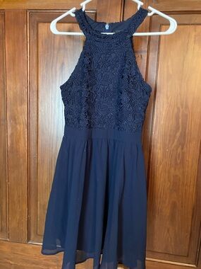 Lulu's Navy Blue Floral Lace Halter Mini Dress Size Small